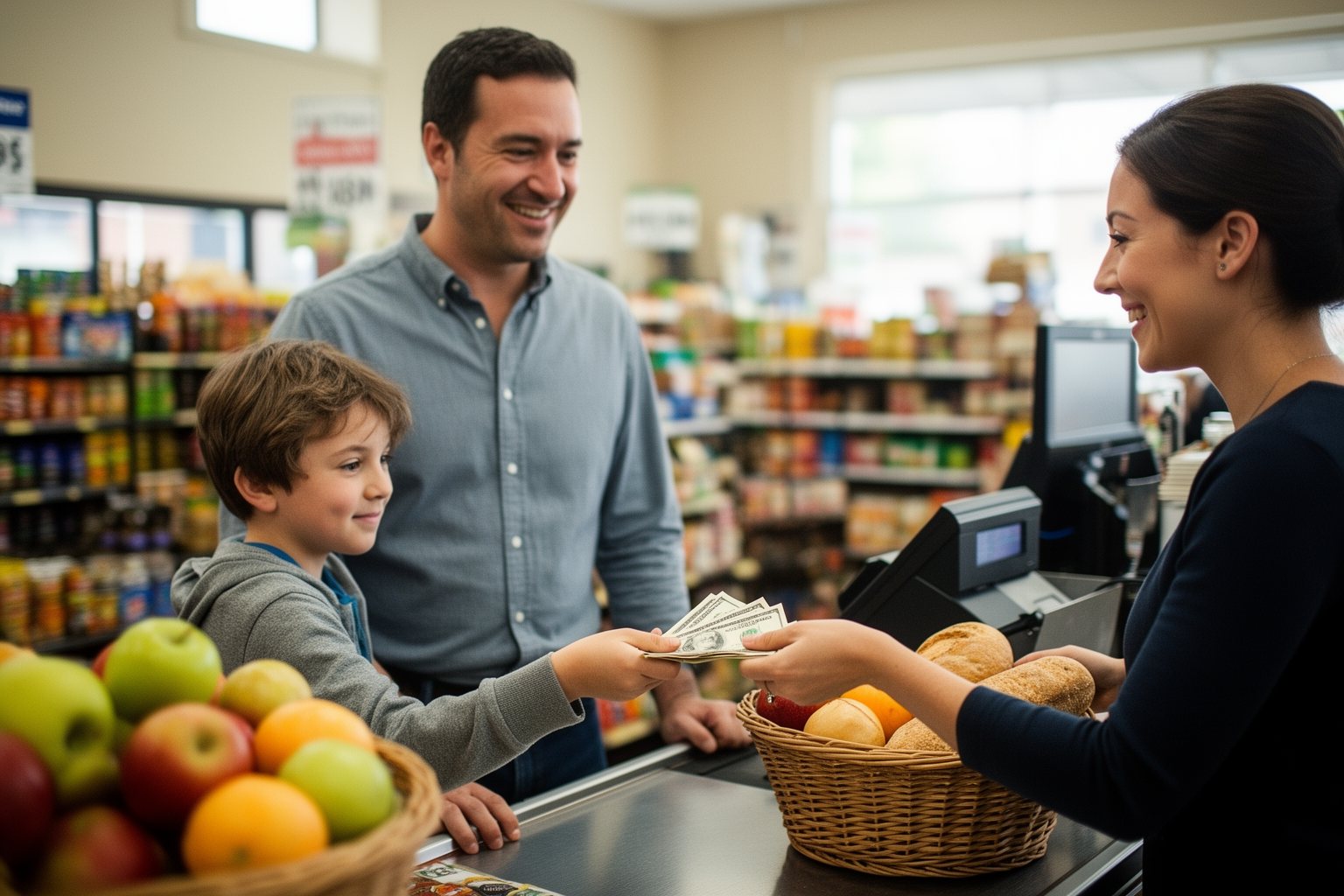Financial Literacy for Kids: A Parent's Guide Parent watching as their child hands cash to a grocery cashier
