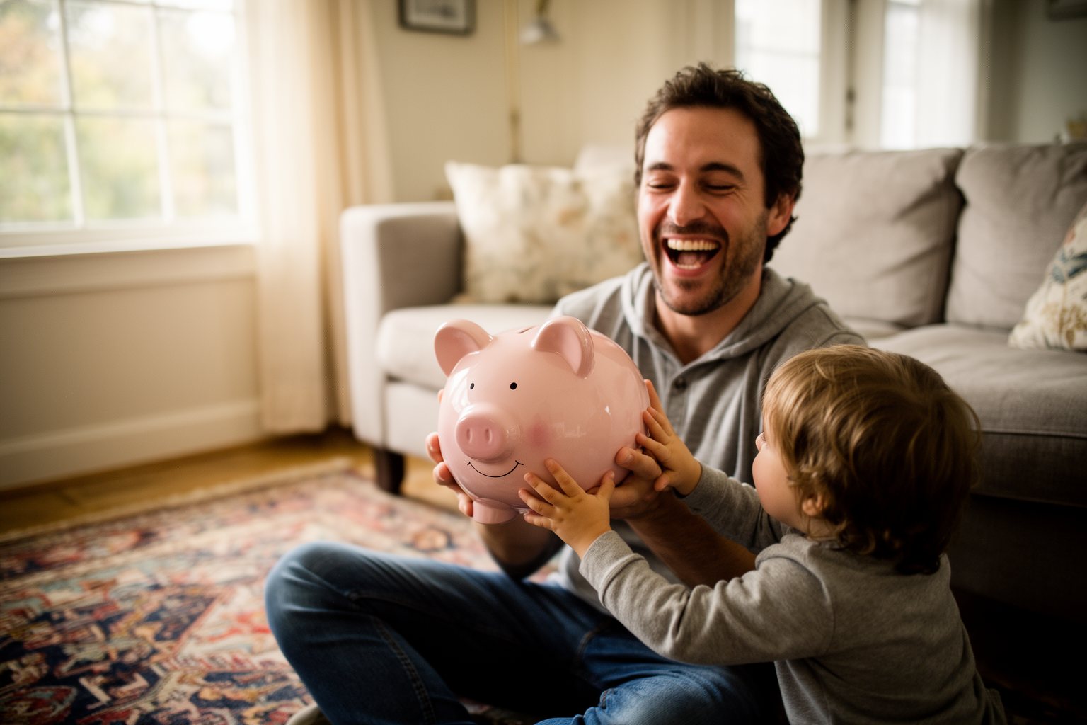 Financial Literacy for Kids: A Parent's Guide Parent and child celebrating a full piggy bank in a sunny living room