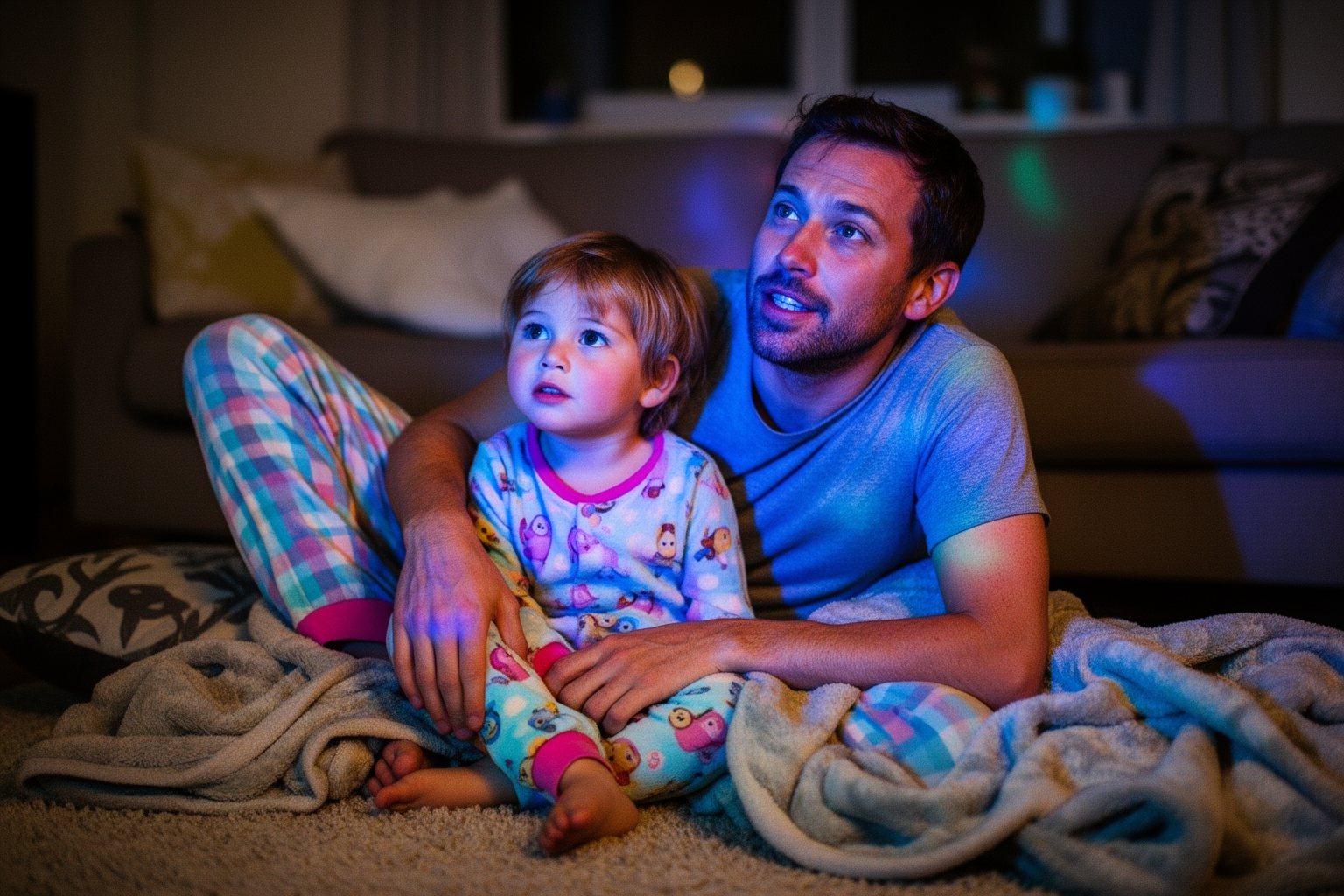 Movies About Family Values: 10 Films to Watch With Kids Parent and child in pyjamas watching an animated film, colourful light on their faces