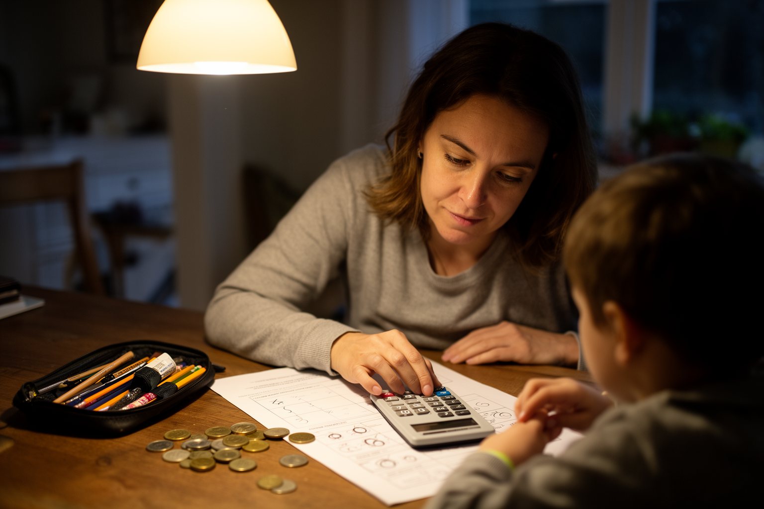 Financial Literacy for Kids: A Parent's Guide Patient parent helping with a money worksheet at the dining table in the evening
