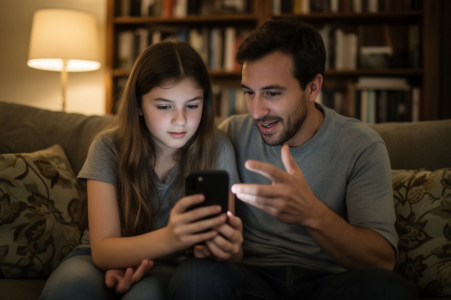 Financial Literacy for Kids: A Parent's Guide Parent and teenager looking at a budgeting app on a phone on the sofa