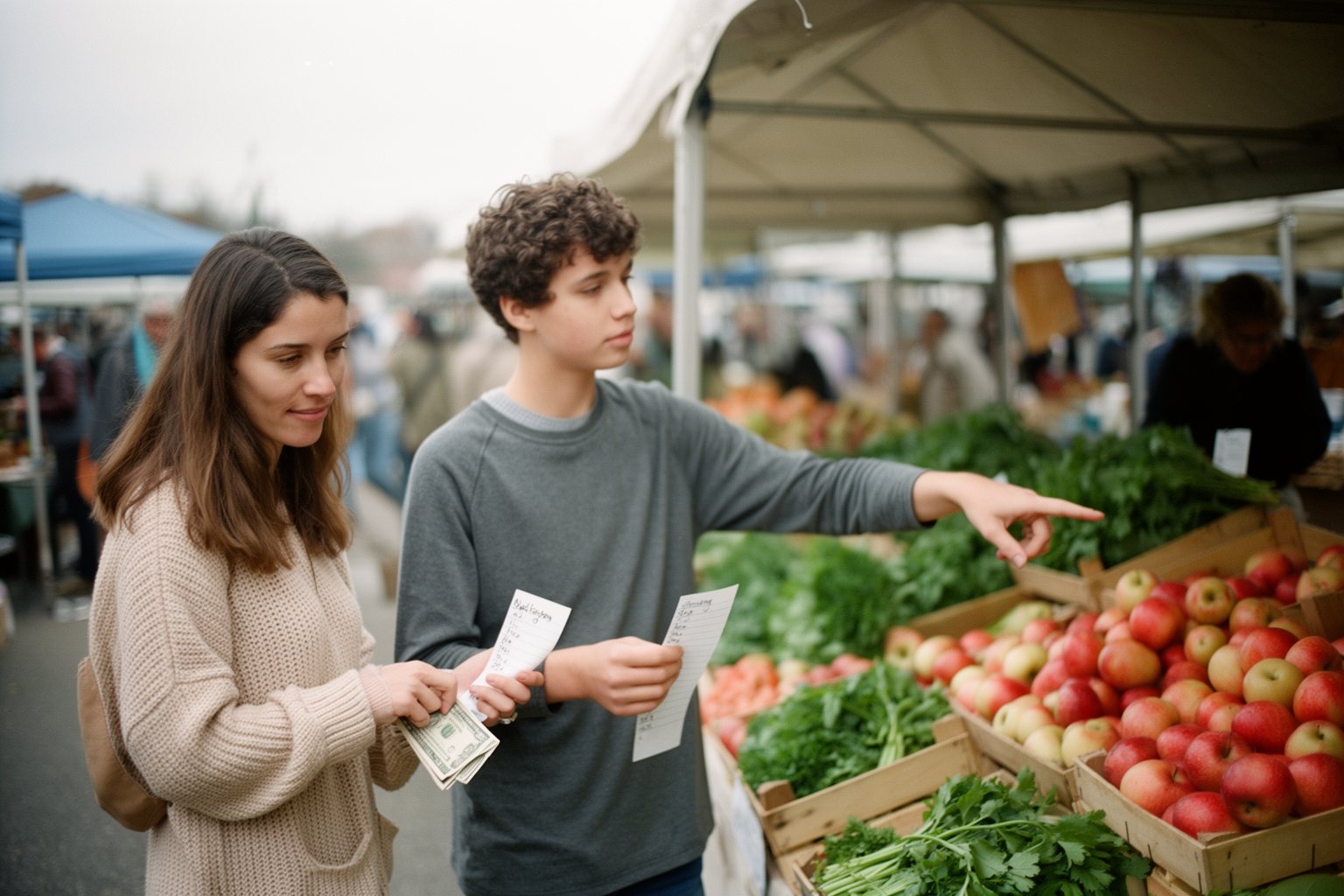 Financial Literacy for Kids: A Parent's Guide Parent and teenager sticking to a shopping list at a weekend farmers market