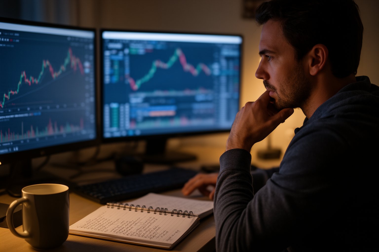 Part-time investor researching stocks at an evening desk with soft charts on screen