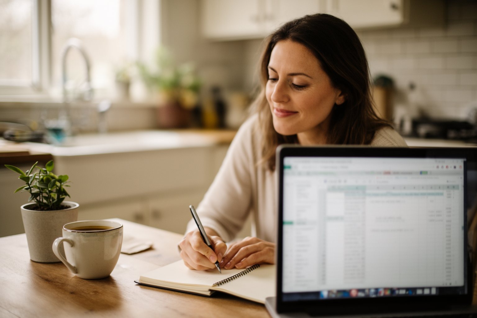 The Silent Money Maker: Passive Income Secrets for a Secure Future Woman planning her passive income streams with a laptop and notebook at a sunny kitchen table