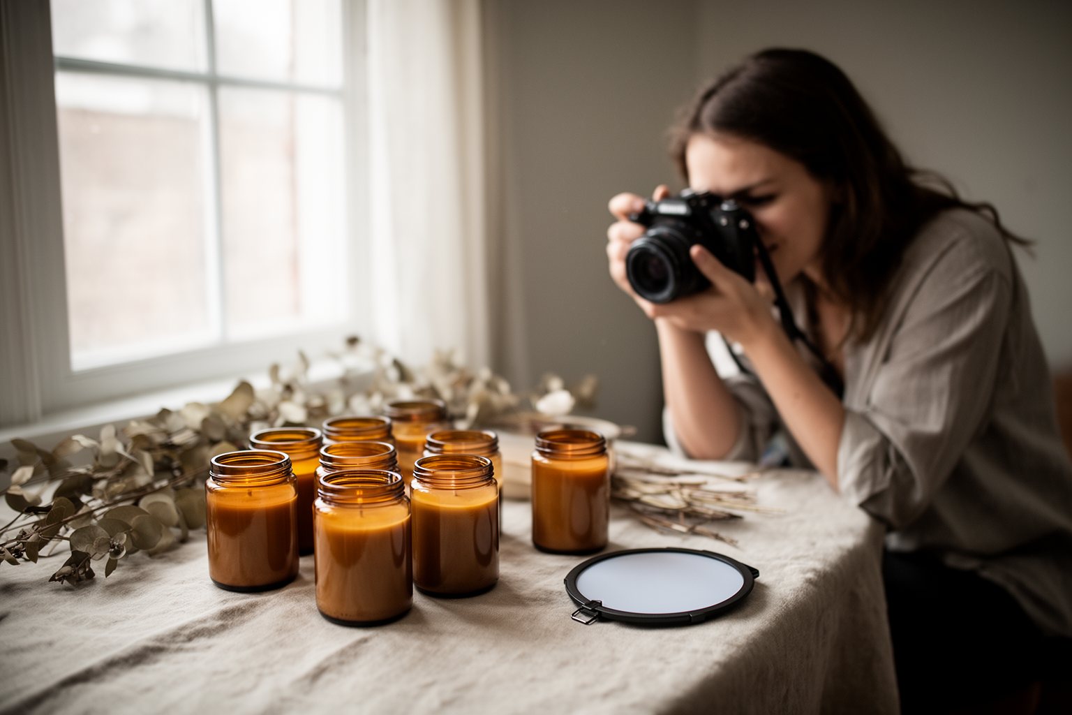 Maximizing Profits: The Art of Selling on Etsy Seller photographing handmade candles on a styled table by a window