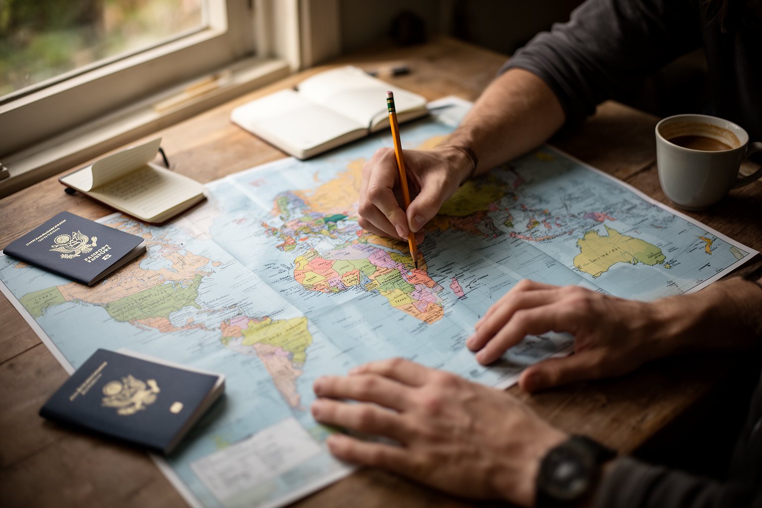 Traveler planning an ultimate travel bucket list with a paper map and passport