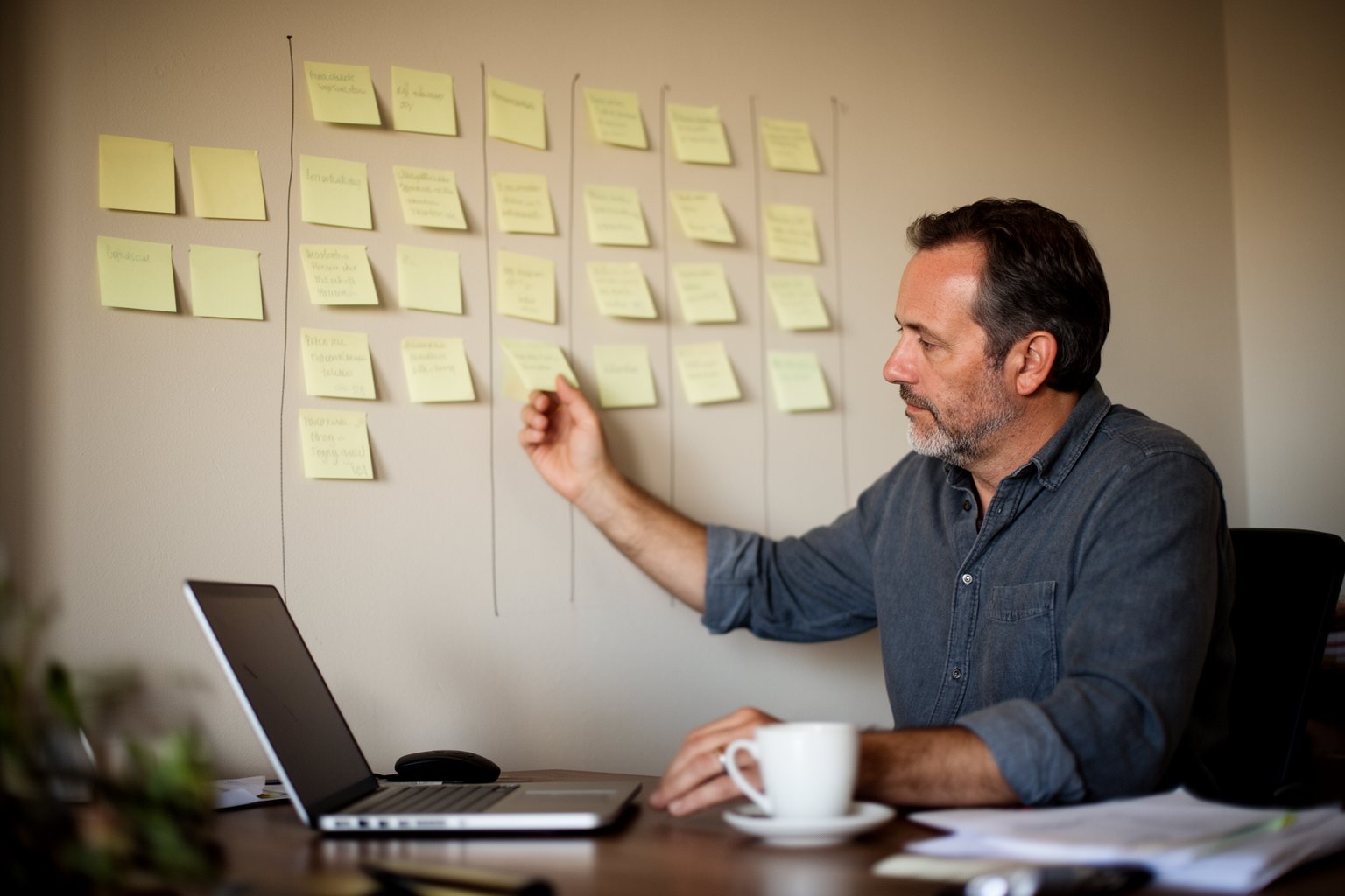 Man mapping out a career switch with sticky notes on the wall of his home office