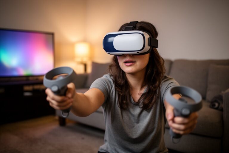 Transforming Realities: The Evolution of VR Gaming Player in a VR headset reaching out with motion controllers in a living room