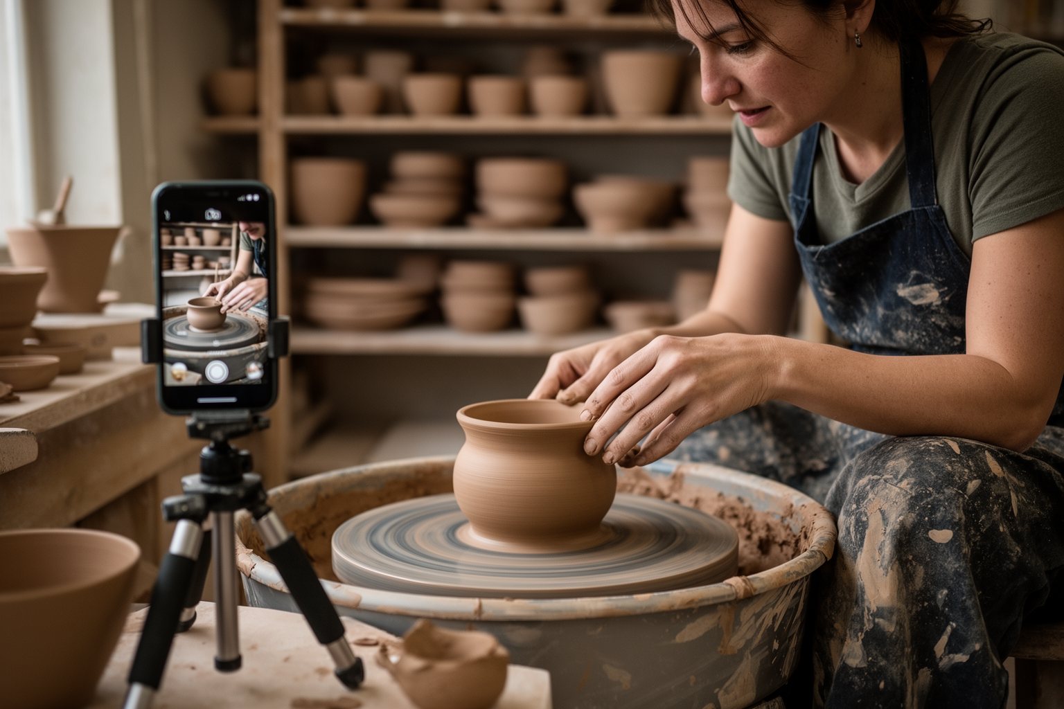 Maximizing Profits: The Art of Selling on Etsy Potter filming a short social media video of herself at the pottery wheel