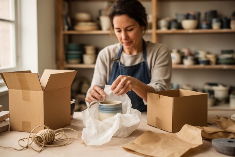 Etsy seller wrapping a handmade ceramic mug for shipping in her bright home studio
