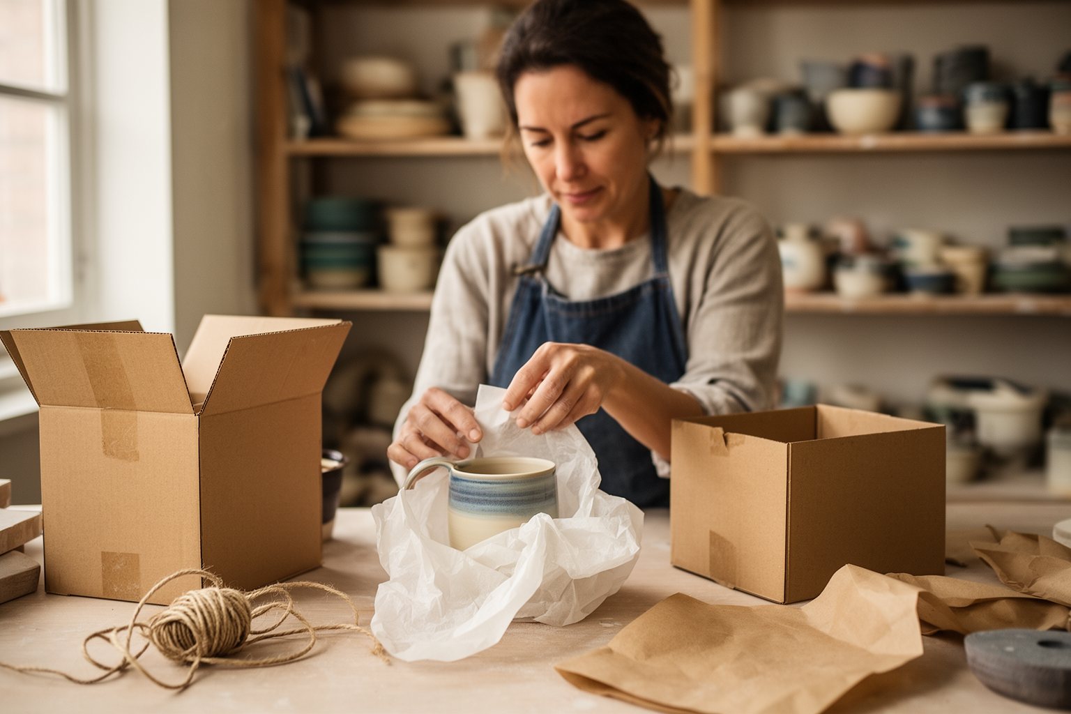 Maximizing Profits: The Art of Selling on Etsy Etsy seller wrapping a handmade ceramic mug for shipping in her bright home studio