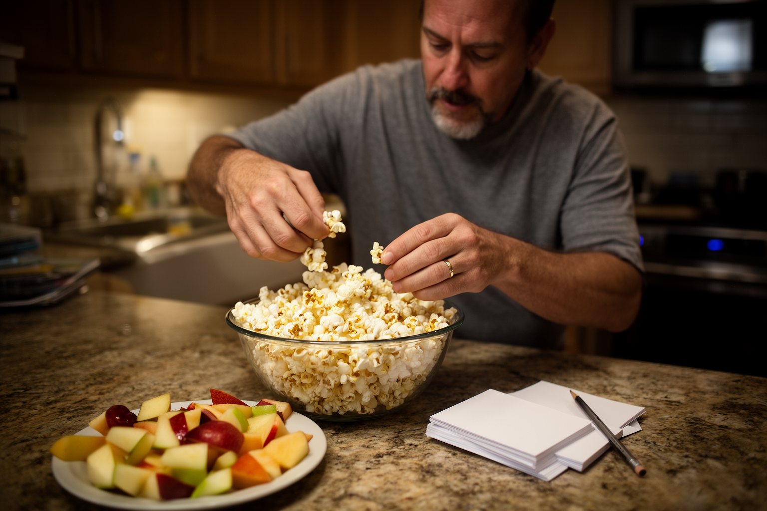 Educational Movie Night: The Art of Learning Through Fun Parent preparing popcorn, fruit and discussion cards on a kitchen counter before movie night