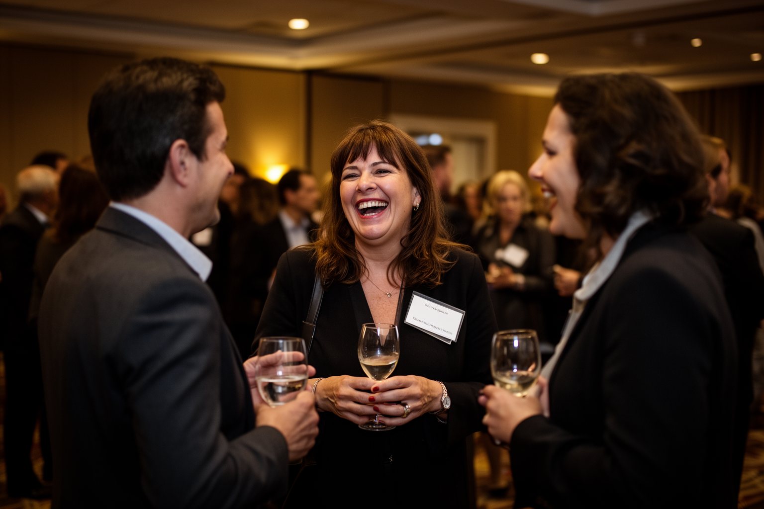 Unemployment in Your 50s: From Jobless to Joyful Professionals in their fifties chatting at an evening networking event