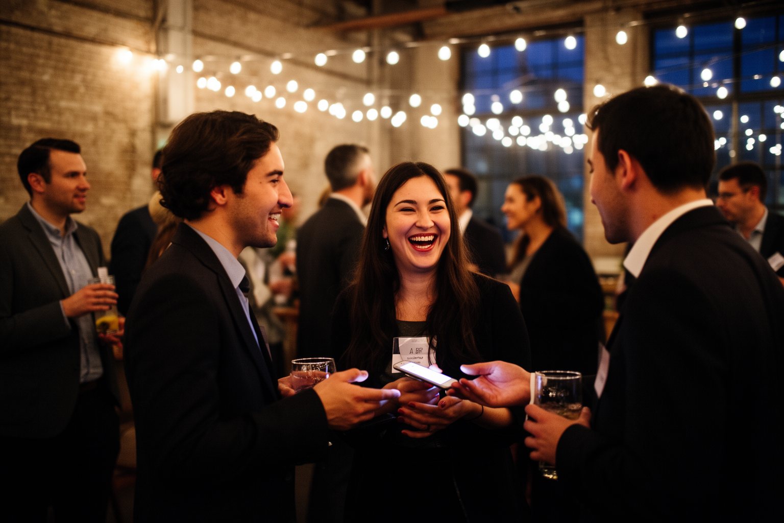 Professionals chatting over drinks at an evening networking event