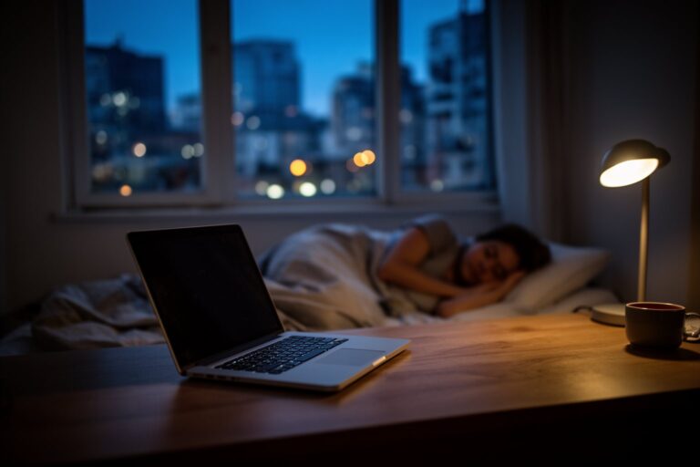 Laptop glowing on a desk in a quiet apartment at night while its owner sleeps nearby