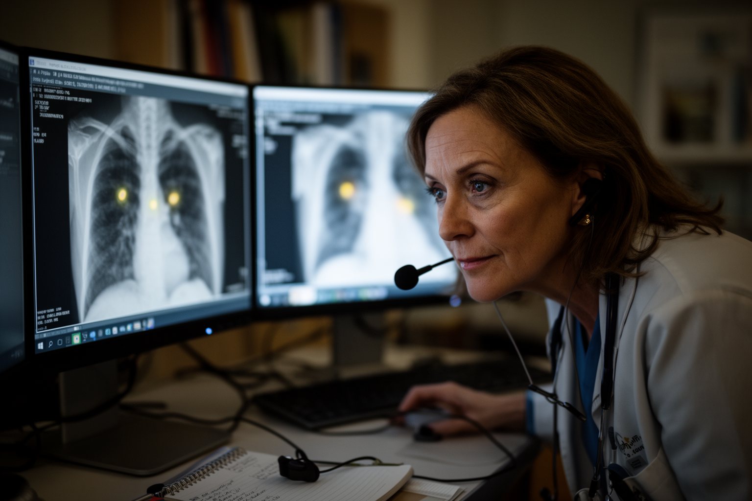 The AI Takeover: Myth or Imminent Reality? Radiologist reviewing scans with AI-highlighted areas in a dim hospital reading room