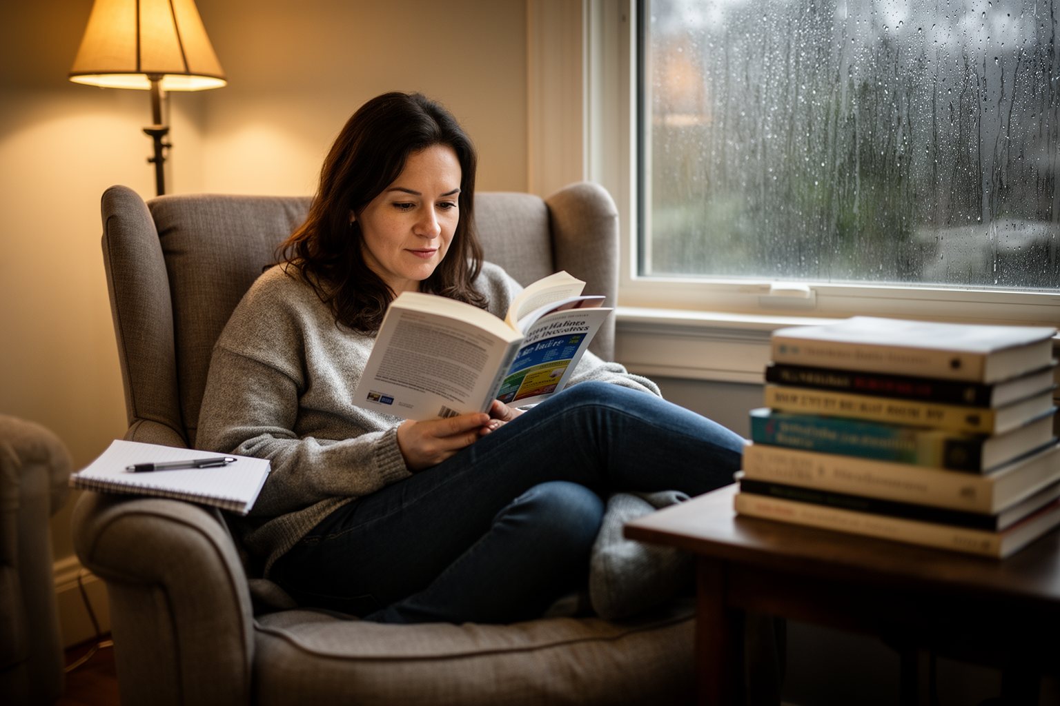 The Art of Building Wealth Woman reading a personal finance book in an armchair and making notes
