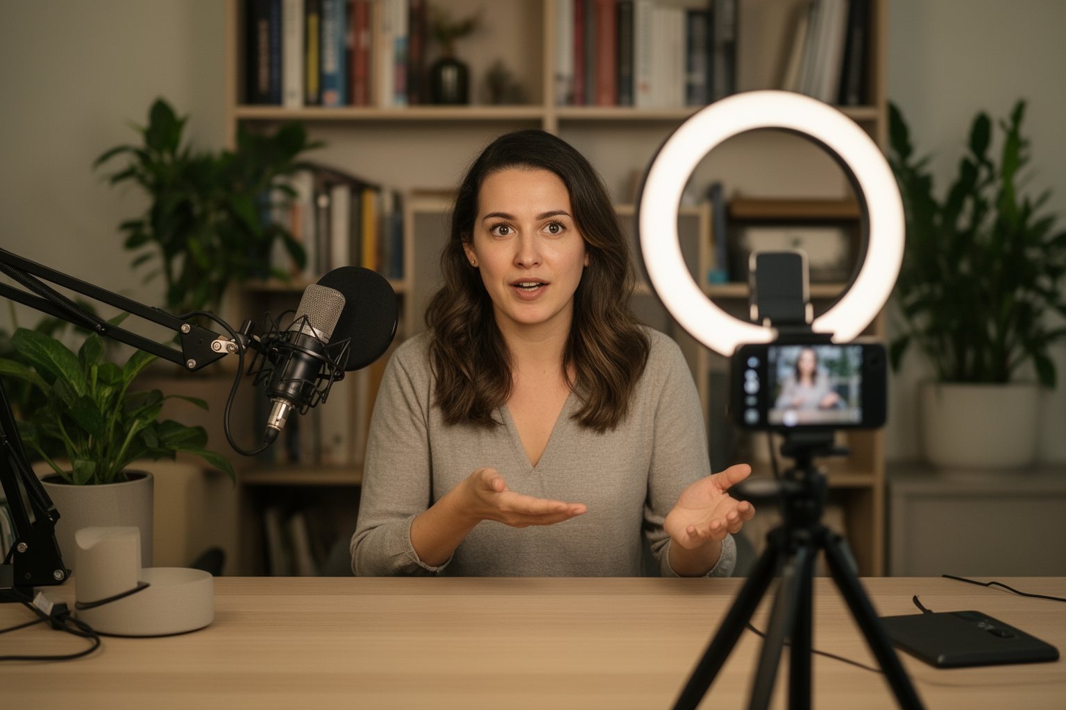The Silent Money Maker: Passive Income Secrets for a Secure Future Woman recording an online course at a home desk with a microphone and ring light