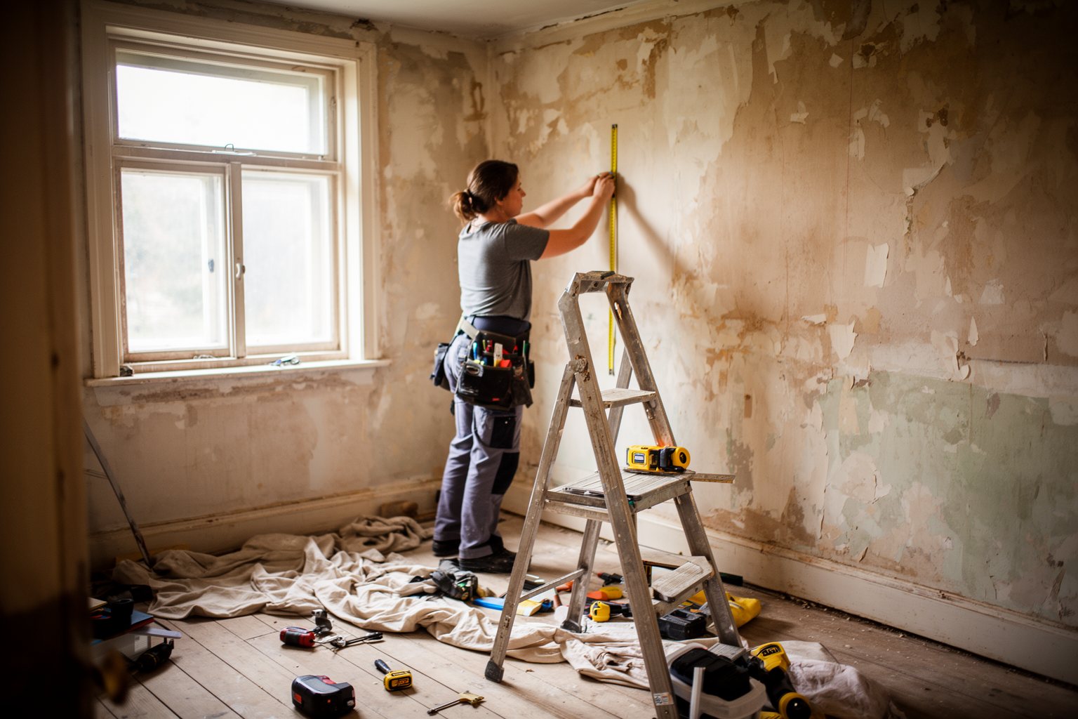 Woman measuring a wall while renovating an old house for a property flip