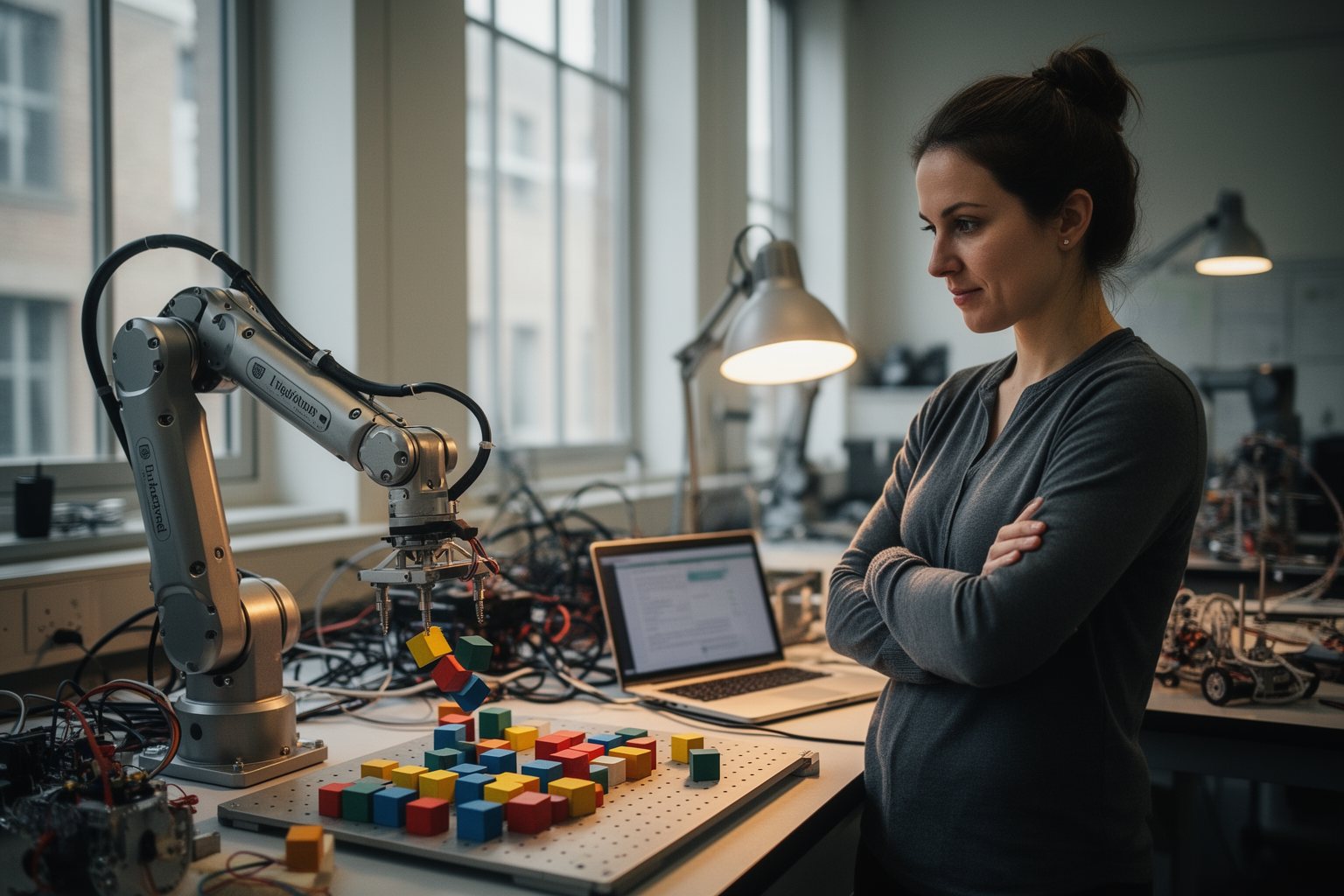 The AI Takeover: Myth or Imminent Reality? Researcher watching a robot arm sort objects in a university robotics lab