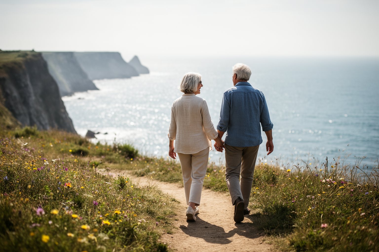 The Silent Money Maker: Passive Income Secrets for a Secure Future Retired couple walking hand in hand along a coastal path on a weekday morning