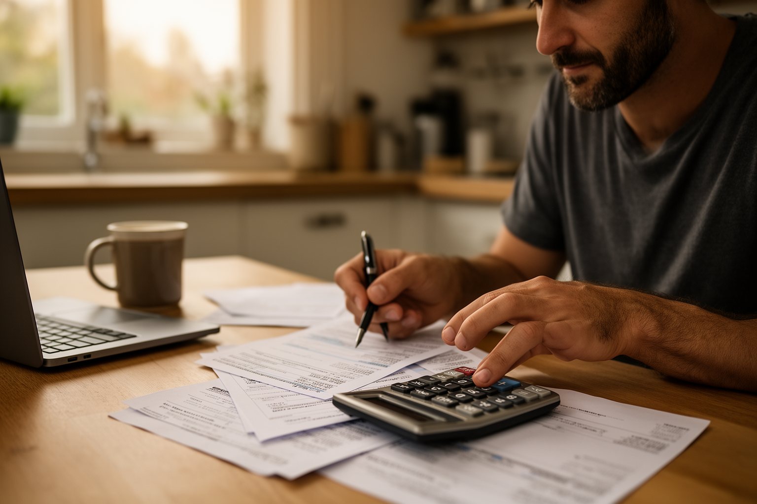 The Art of Building Wealth Man reviewing bank statements with a calculator at a kitchen table