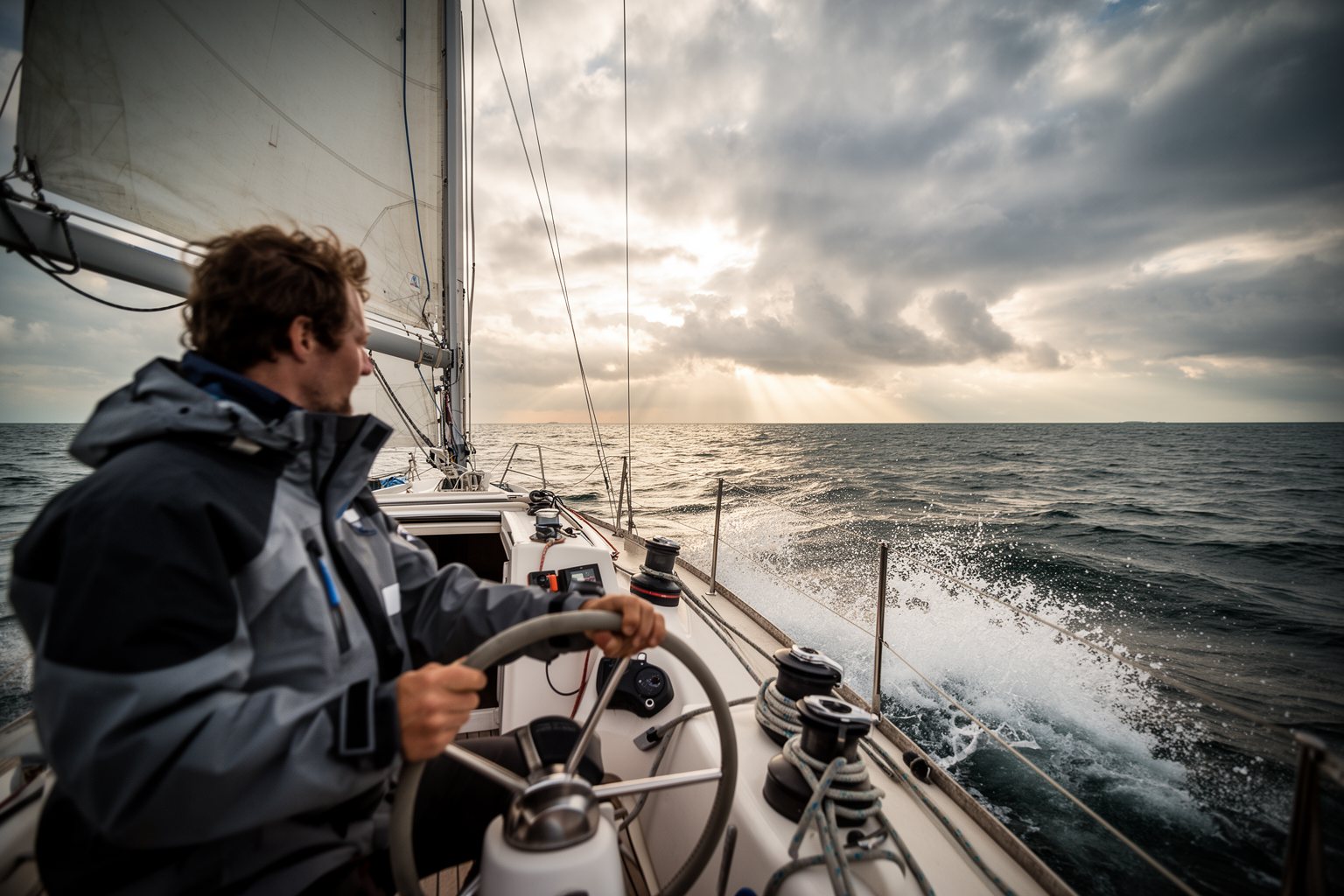 Sailor at the helm steering through choppy water toward a clearing horizon
