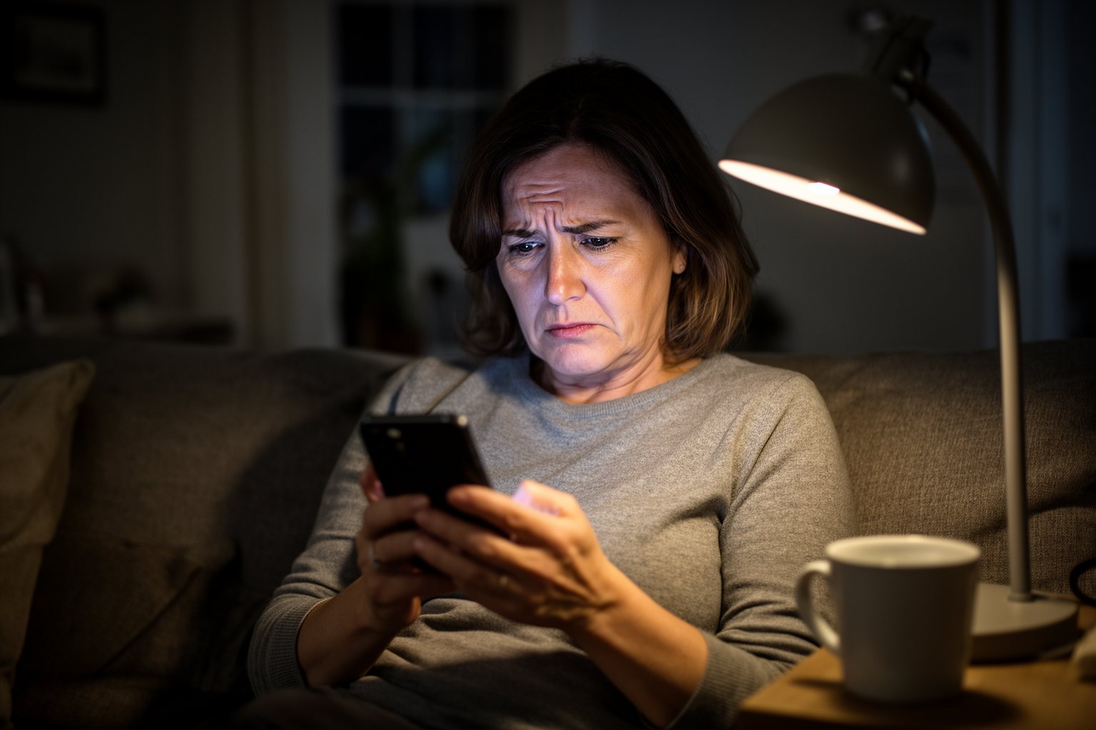 The Silent Money Maker: Passive Income Secrets for a Secure Future Woman frowning sceptically at an investment offer on her phone while sitting on a sofa
