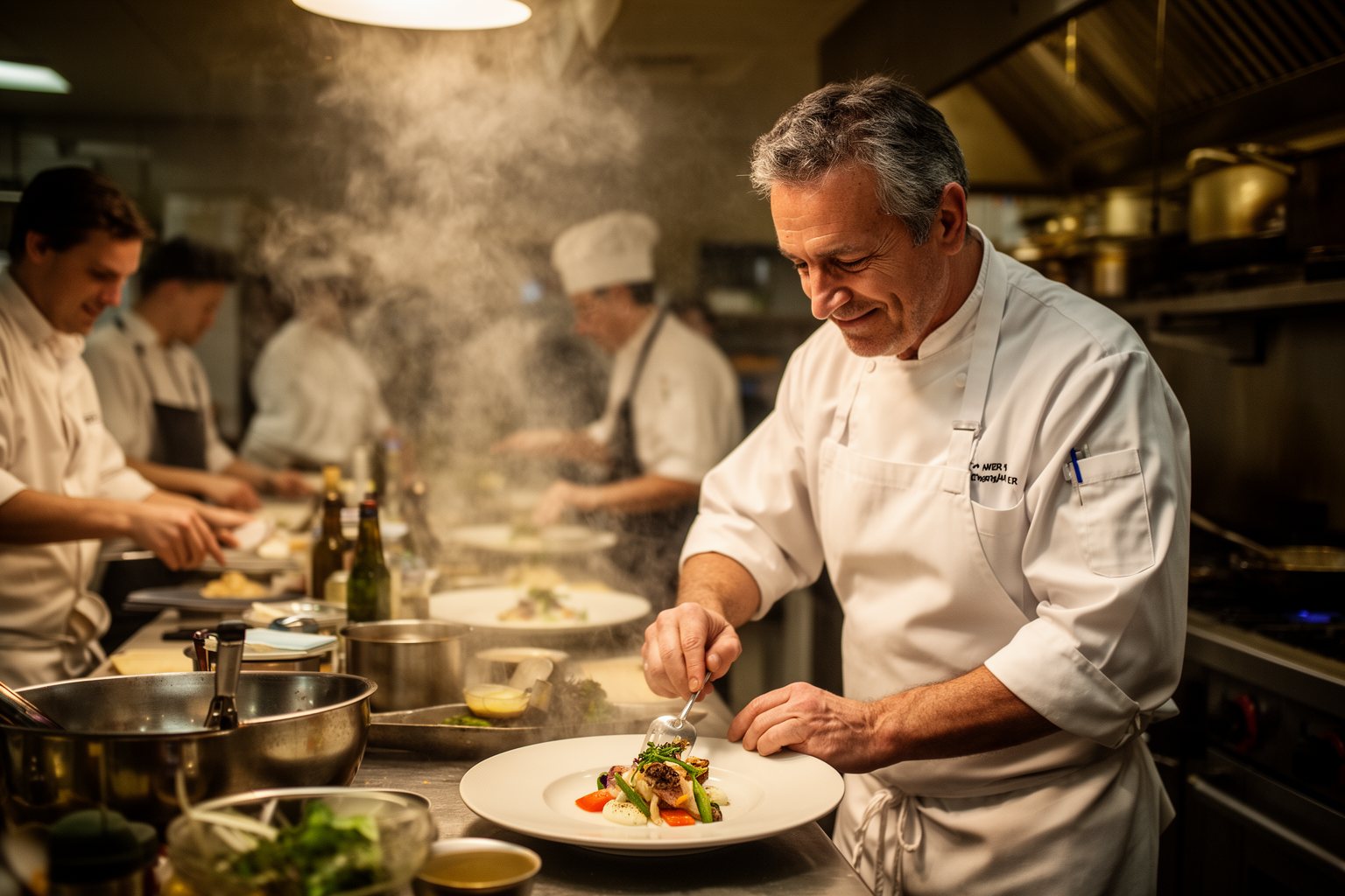 Confident man in his fifties cooking in a restaurant kitchen after reinventing his career