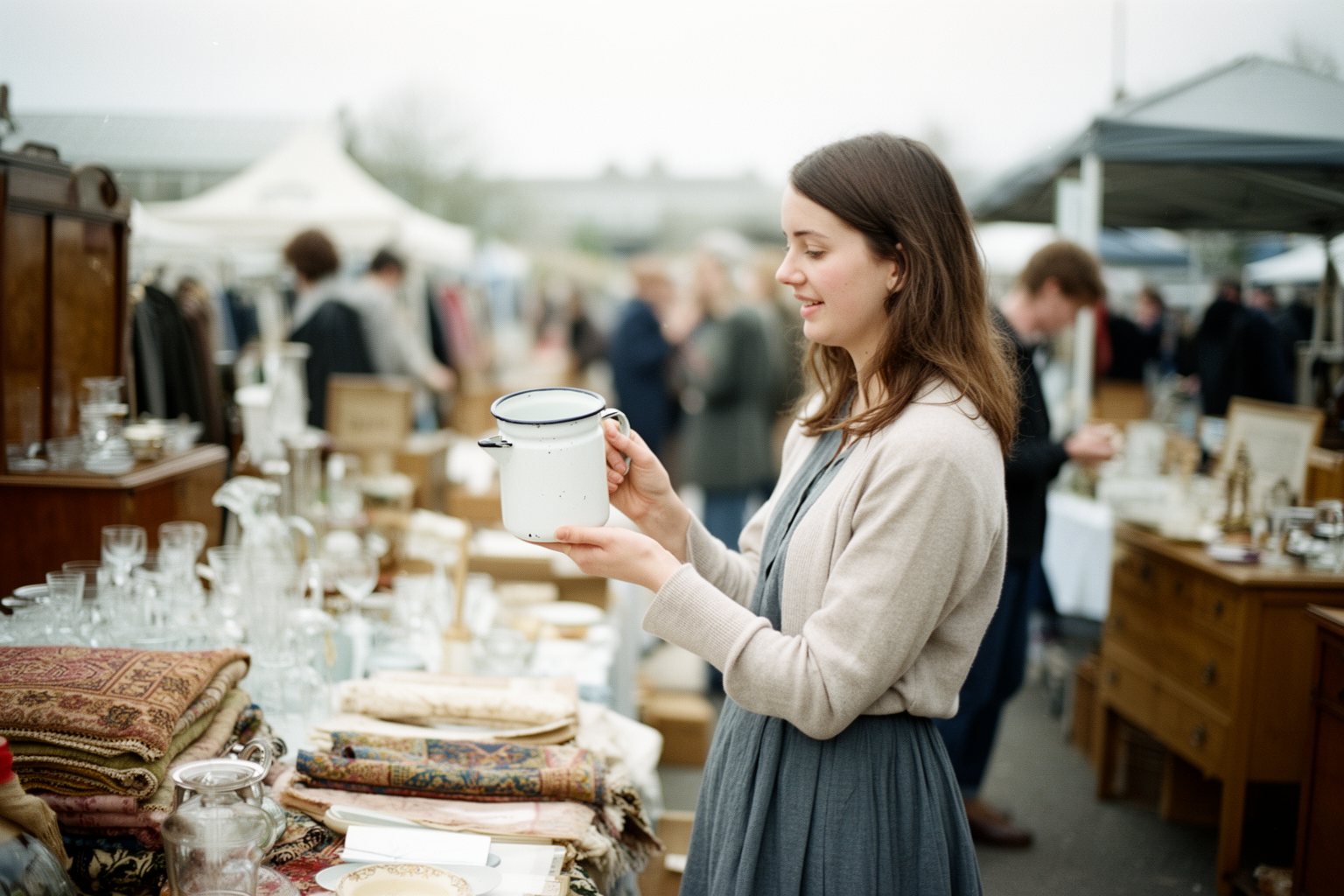 Maximizing Profits: The Art of Selling on Etsy Seller browsing an outdoor vintage market for trends and inspiration