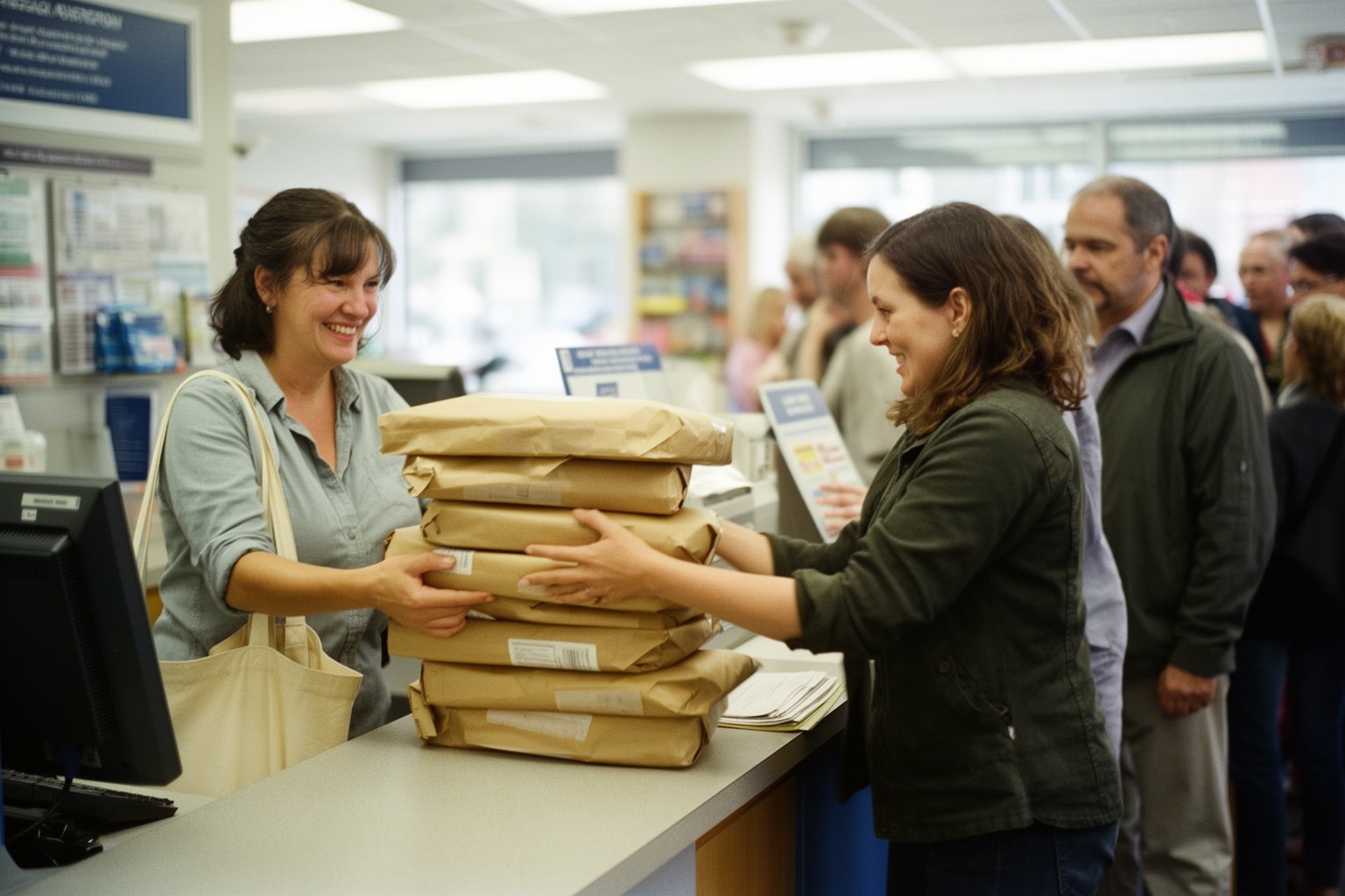 Maximizing Profits: The Art of Selling on Etsy Etsy seller handing a stack of parcels over the counter at a post office