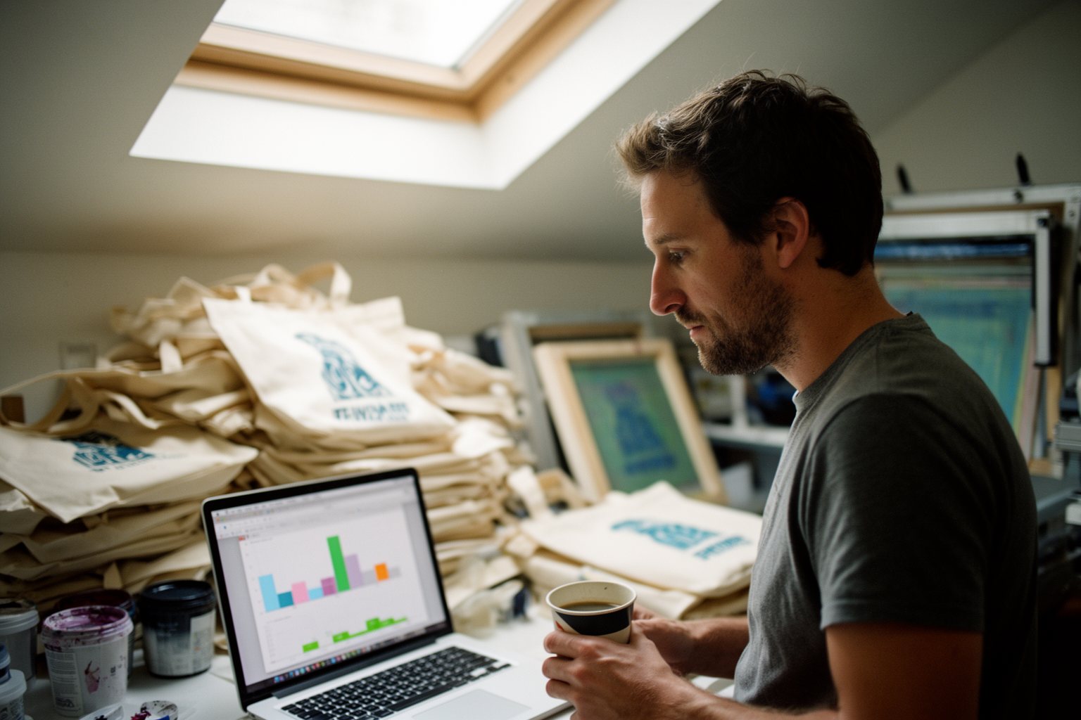Maximizing Profits: The Art of Selling on Etsy Seller reviewing shop ad results on a laptop beside a pile of hand-printed tote bags