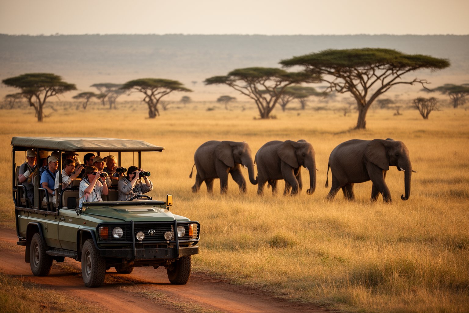 Safari vehicle watching elephants among acacia trees on the Serengeti, Tanzania