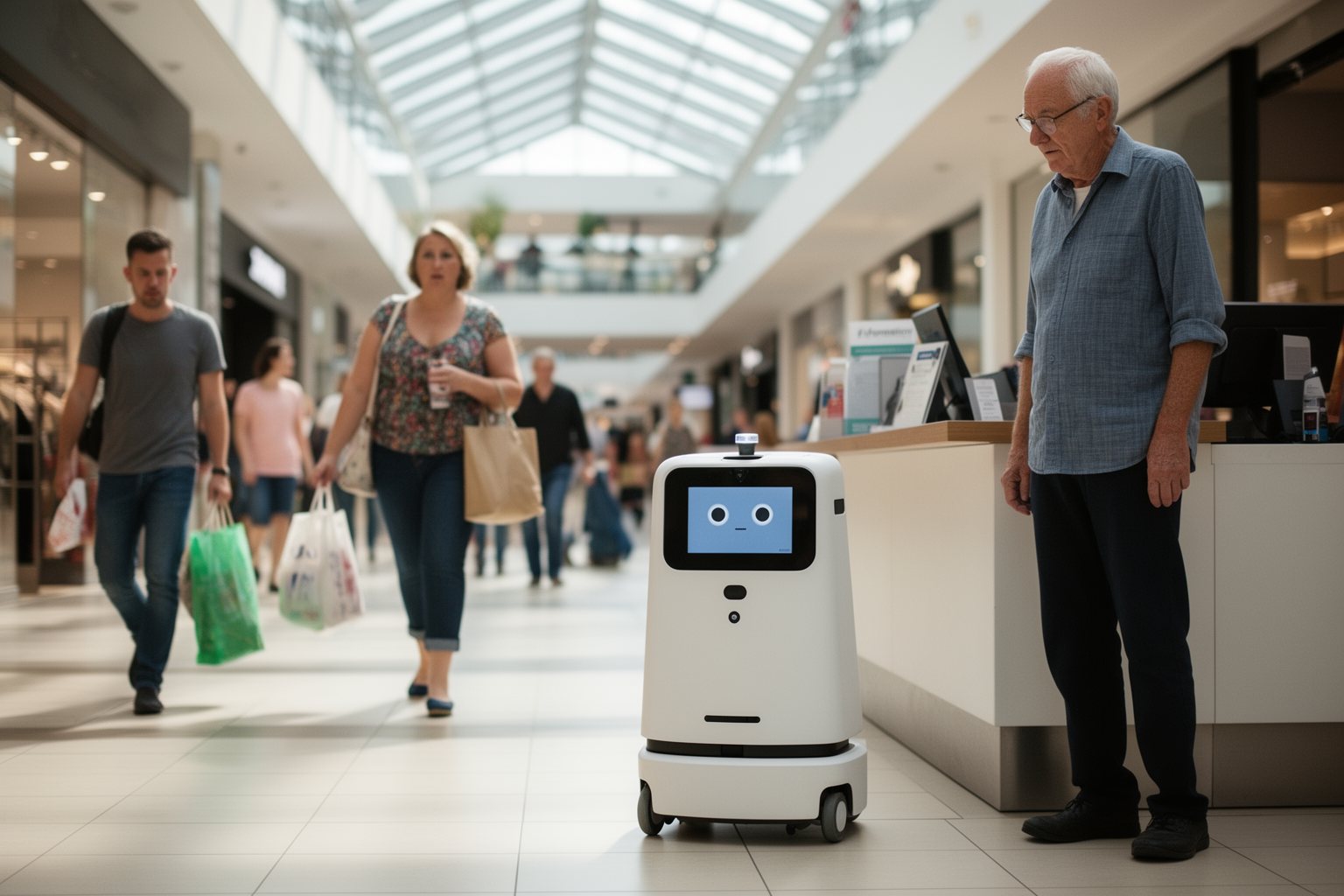 The AI Takeover: Myth or Imminent Reality? Small service robot in a shopping mall as shoppers walk past unconcerned