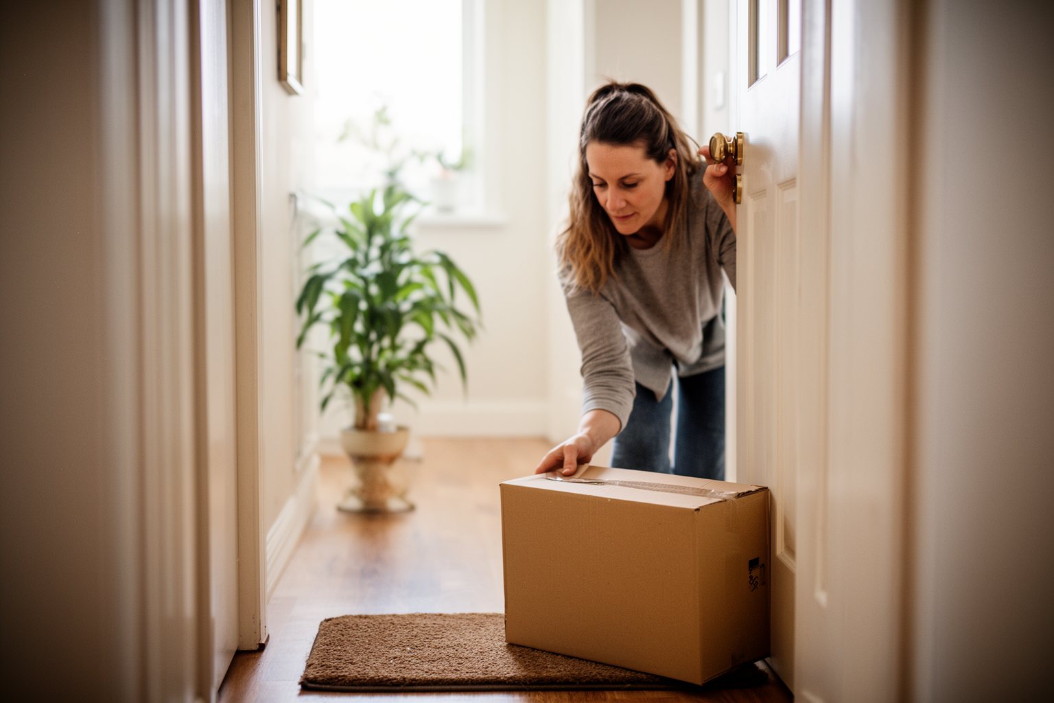 Maximize Your Profits: Amazon Money Making Guide Shopper picking up a delivered parcel from outside her apartment door