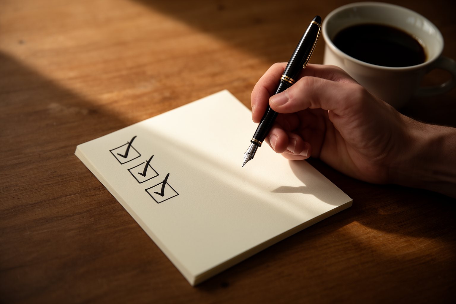 Hand with a pen over a small notepad of three ticked boxes beside a cup of coffee