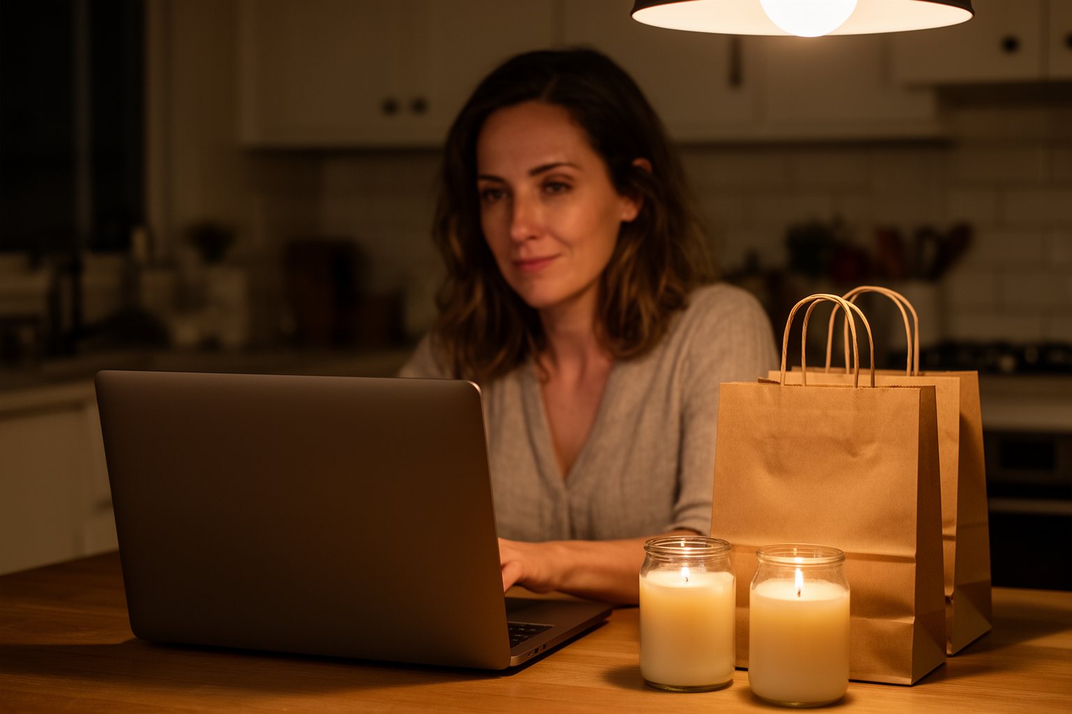 Woman working on a side hustle at her kitchen table in the evening with a laptop and product samples