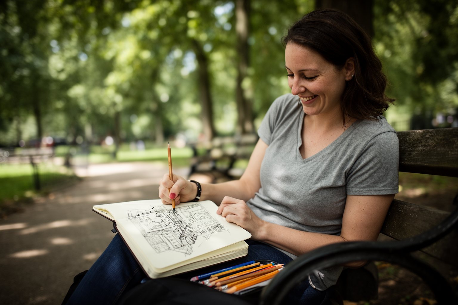 Woman sketching in a notebook on a park bench, reconnecting with a hobby she loves