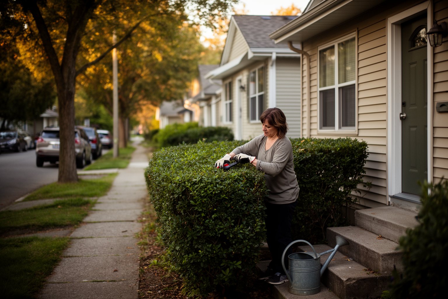 The Silent Money Maker: Passive Income Secrets for a Secure Future Owner tending the front garden of a small rental duplex on a leafy suburban street
