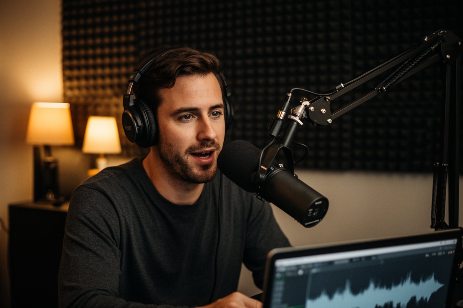 Content creator recording a podcast episode in a home studio with a microphone