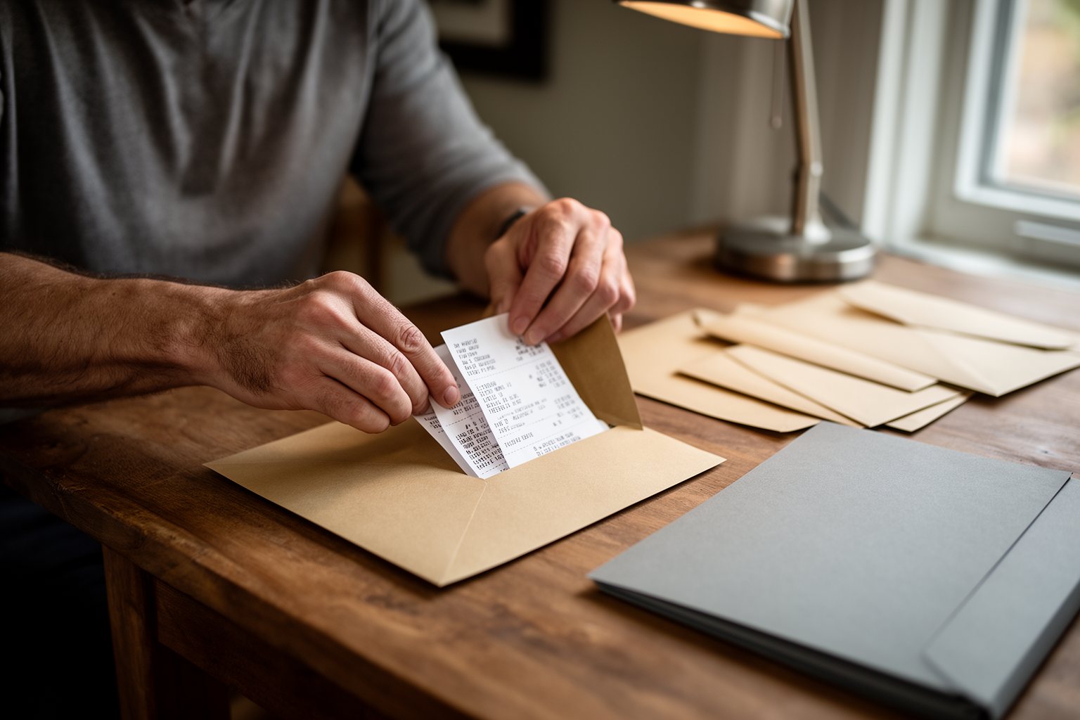 The Silent Money Maker: Passive Income Secrets for a Secure Future Man sorting receipts into envelopes for taxes at a home desk