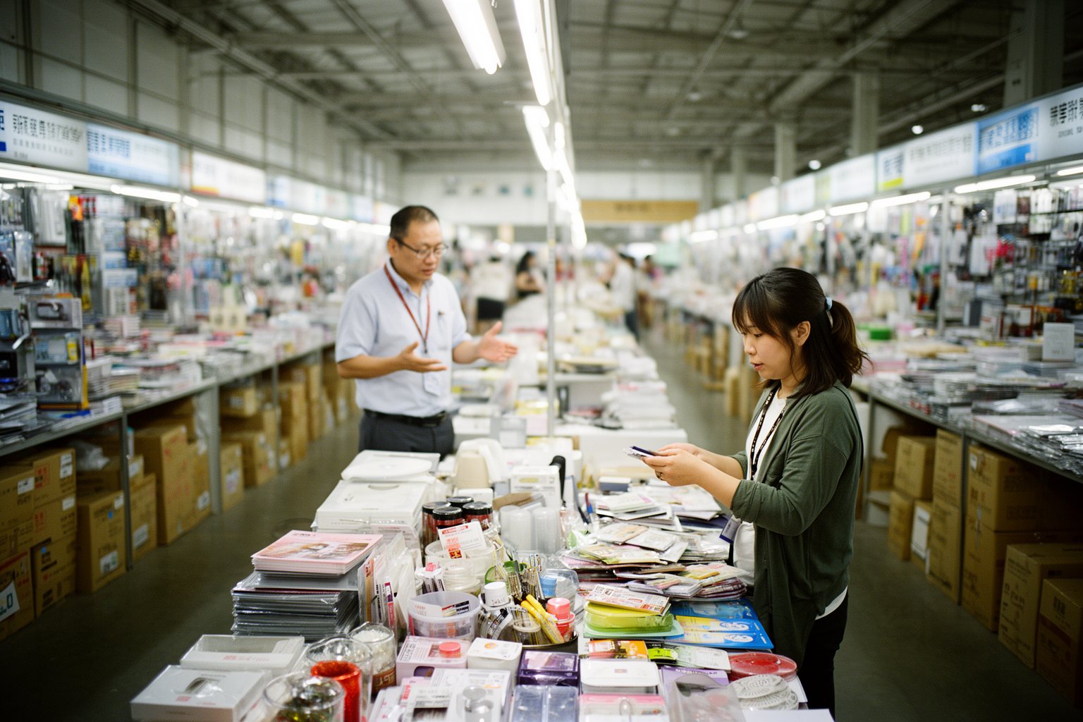 Maximize Your Profits: Amazon Money Making Guide Seller inspecting samples at a stall in a vast wholesale market hall in Yiwu, China