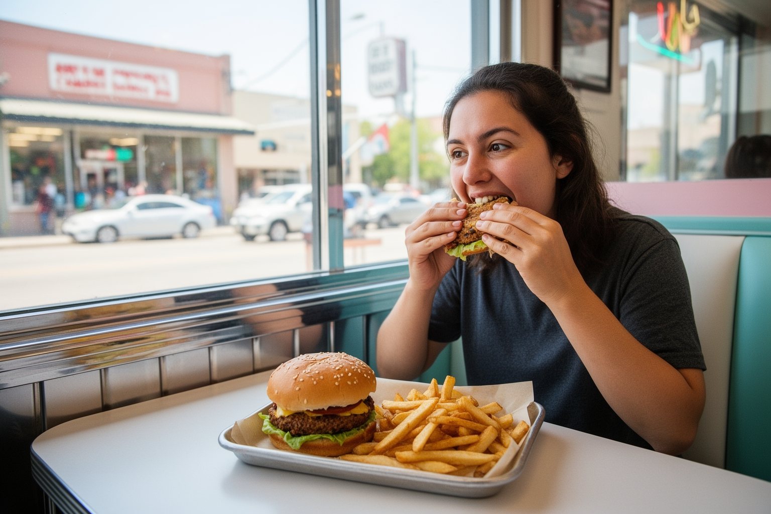 Vegan Eats in Austin: Food Trucks, Brunch and Bakeries Vegan burger and fries in a retro diner booth on South Congress Avenue in Austin