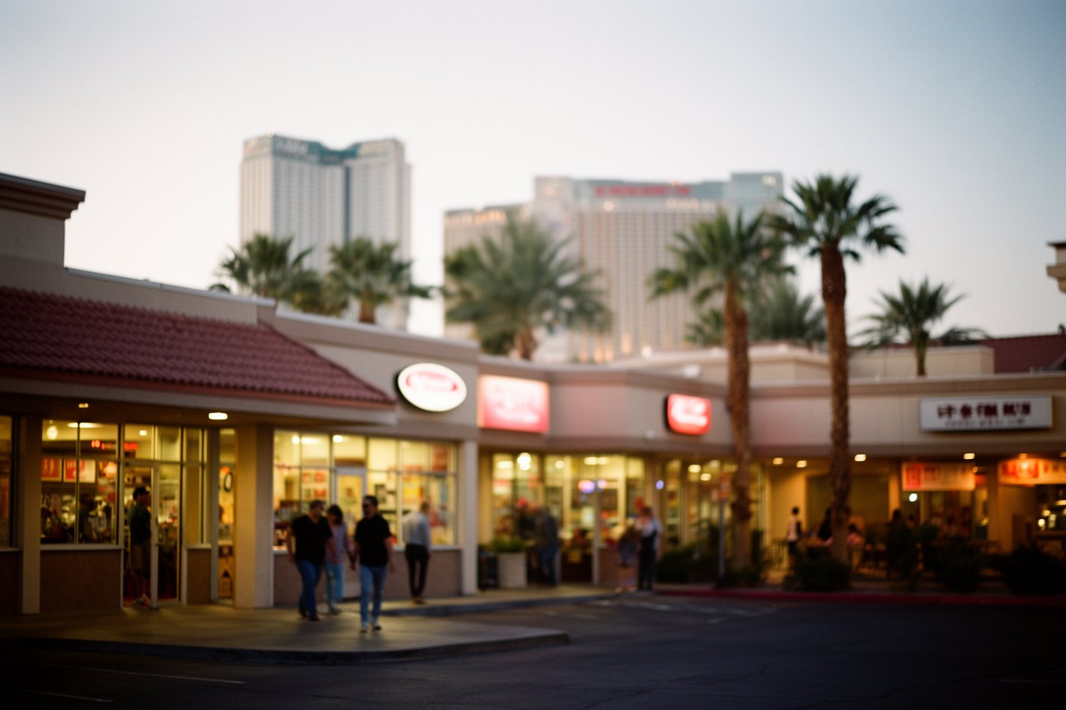 Las Vegas Foodie Spots: 8 Off-Strip Eateries Worth the Trip Strip-mall restaurants glowing at dusk in a Las Vegas neighbourhood off the Strip