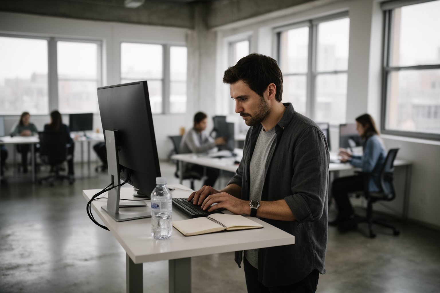 Startup founder at a standing desk in a spare, minimalist office