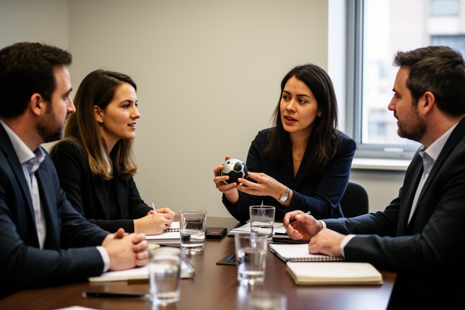 Startup founders showing a product prototype to angel investors around a meeting table