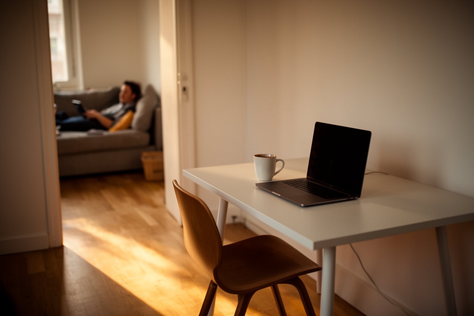 Sunlit minimalist home office at the end of the day with the laptop closed