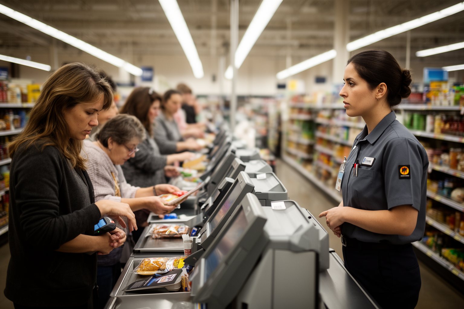 Row of supermarket self-checkout machines watched over by a single attendant