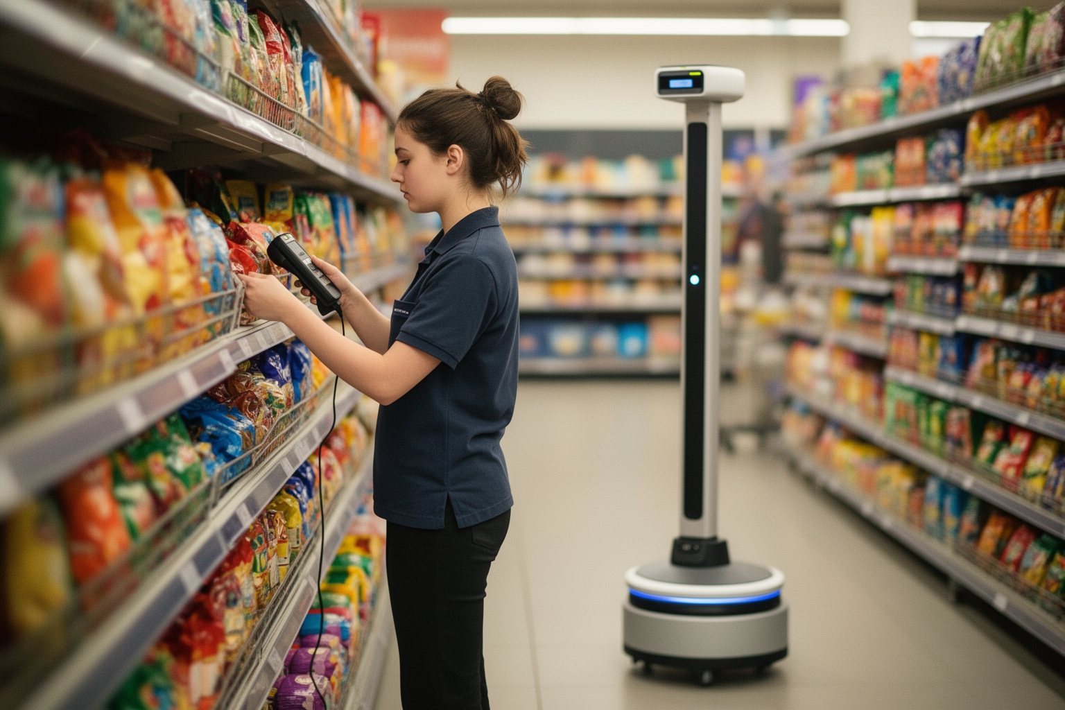 Supermarket employee restocking shelves as a shelf-scanning robot rolls down the aisle