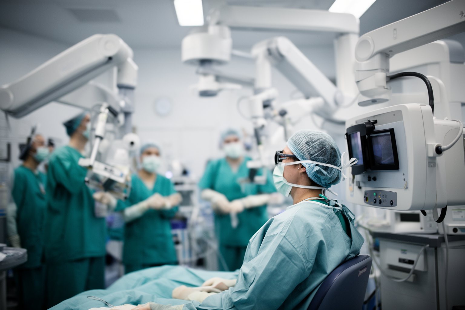 Deciphering AI and Augmented Intelligence: The Game Changers Surgeon at the console of a robotic surgical system in an operating room
